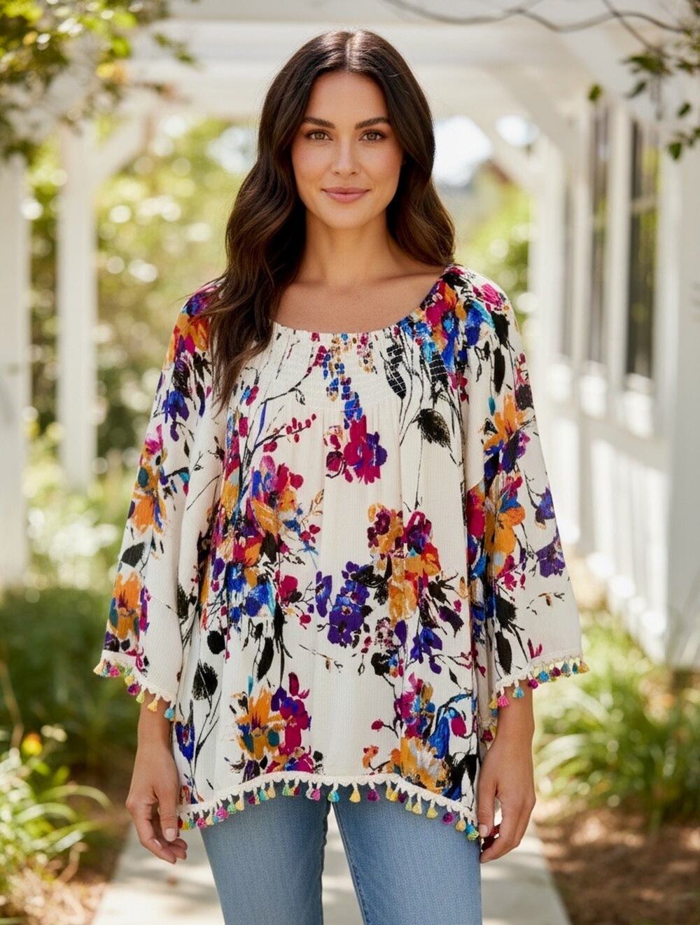 Ali Miles Size XL Floral Tasseled Bell Sleeve Peasant Boho Tunic Top Blouse